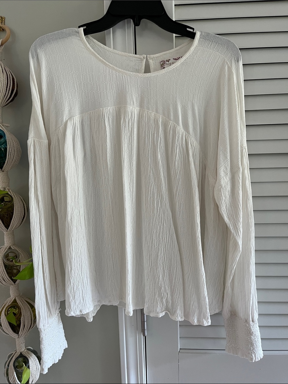 Cream Textured Long-Sleeve Peasant Blouse - Women